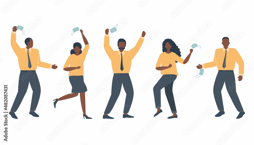 Obraz premium Pandemic end. Black people are dancing from happiness. Five adults take off their face mask and are excited. Vector illustration