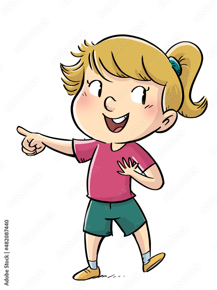 illustration of little girl pointing with her finger - obrazy, fototapety, plakaty 
