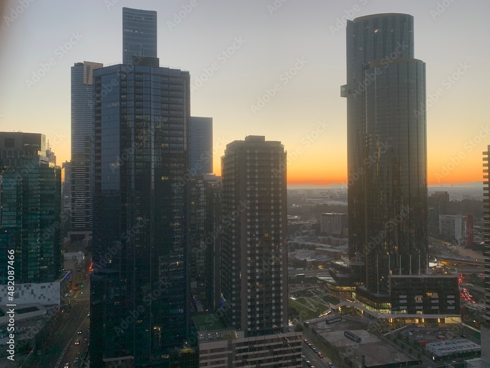 Melbourne City Skyline Sunrise Sunset