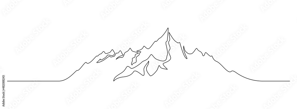 Mountain ridge landscape in one continuous line drawing. High mounts and peaks in simple doodle style. Adventure winter sports ski and hiking concept. Linear vector illustration