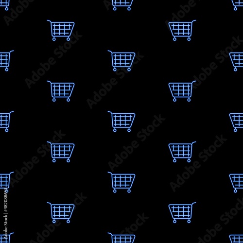 shopping cart seamless pattern, bright vector illustration on black background.