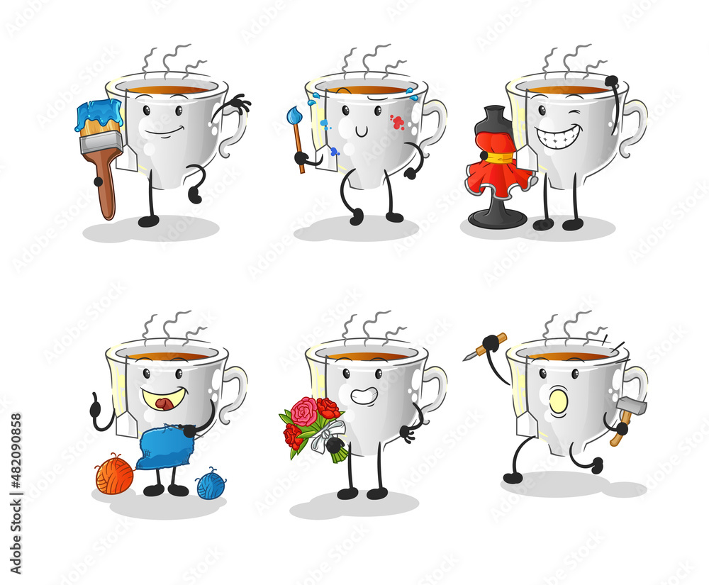 Obraz premium tea cup artist group character. cartoon mascot vector