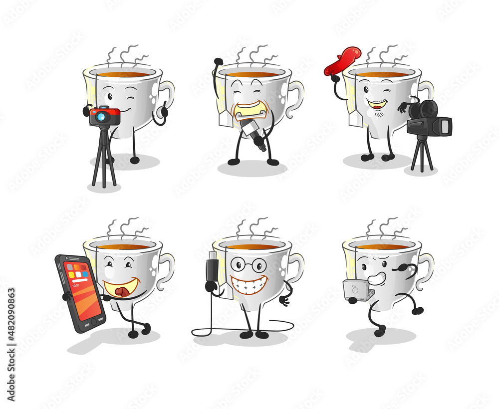 Obraz premium tea cup technology group character. cartoon mascot vector