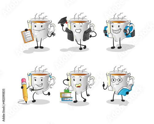 tea cup education set character. cartoon mascot vector