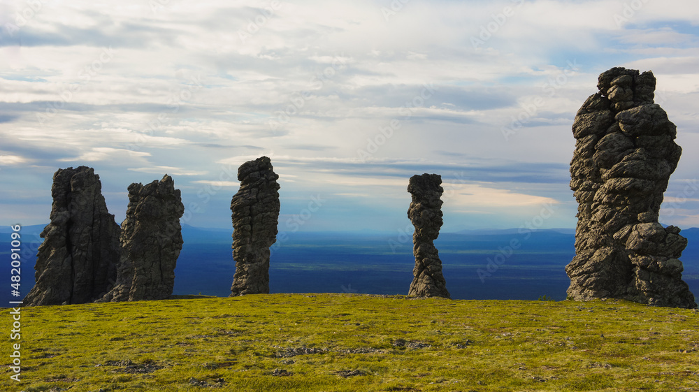 Weathering pillars of Manpupuner. Pechora-Ilychsky nature reserve. Komi Republic, Russia. July 2014