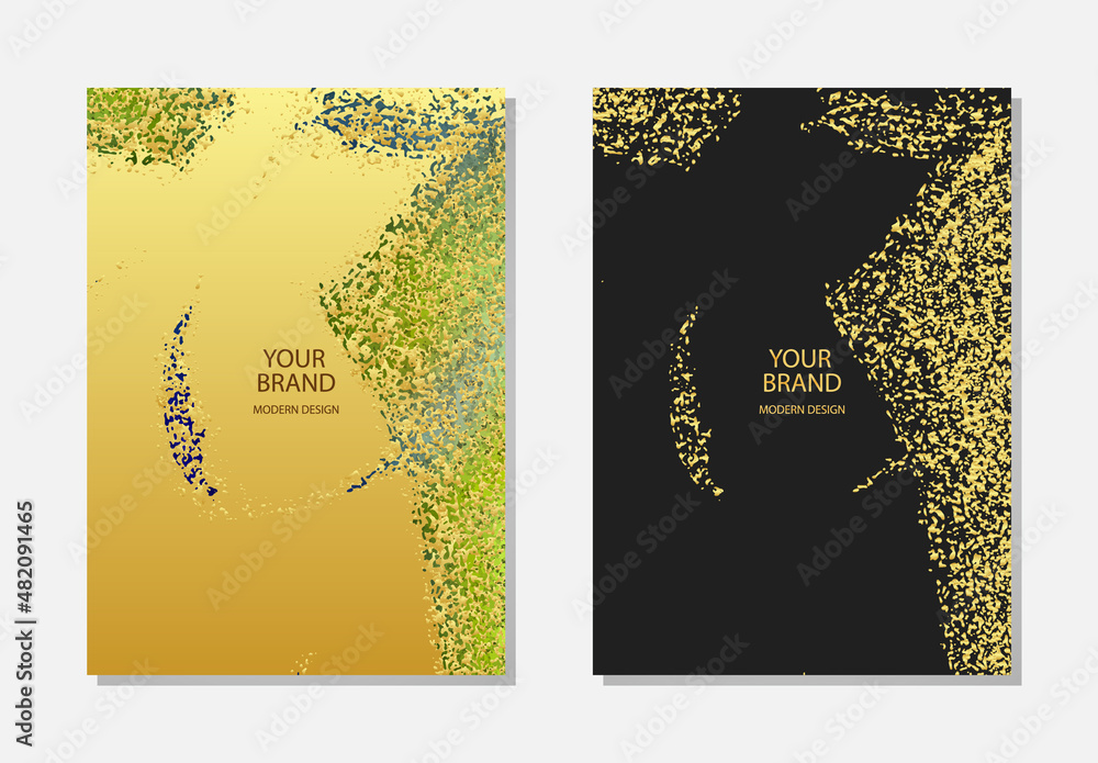 Set of unique bright colorful watercolor background, gold grunge texture with sparkles. Vertical templates are used as a decorative design element for a banner, cover, postcard and brochure.