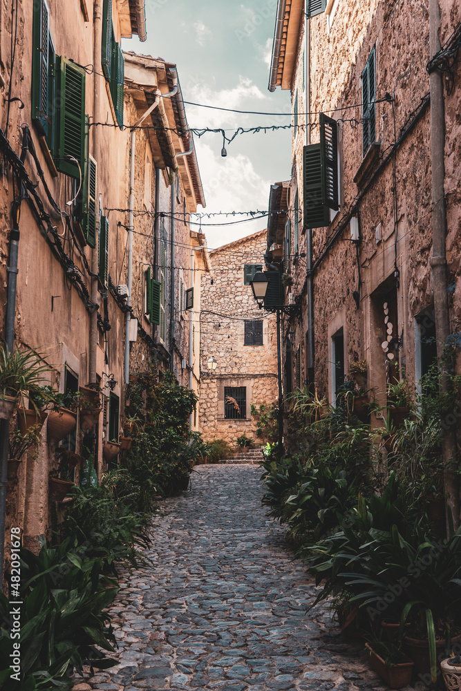 narrow street in the town,  Valldemossa, Mallorca