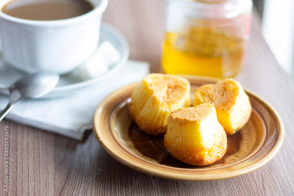 Closeup cup of coffee honey and cookies dessert breakfast mug milk cappuccino latte espresso food morning sweet tasty bakery cake pastry nobody macro baked