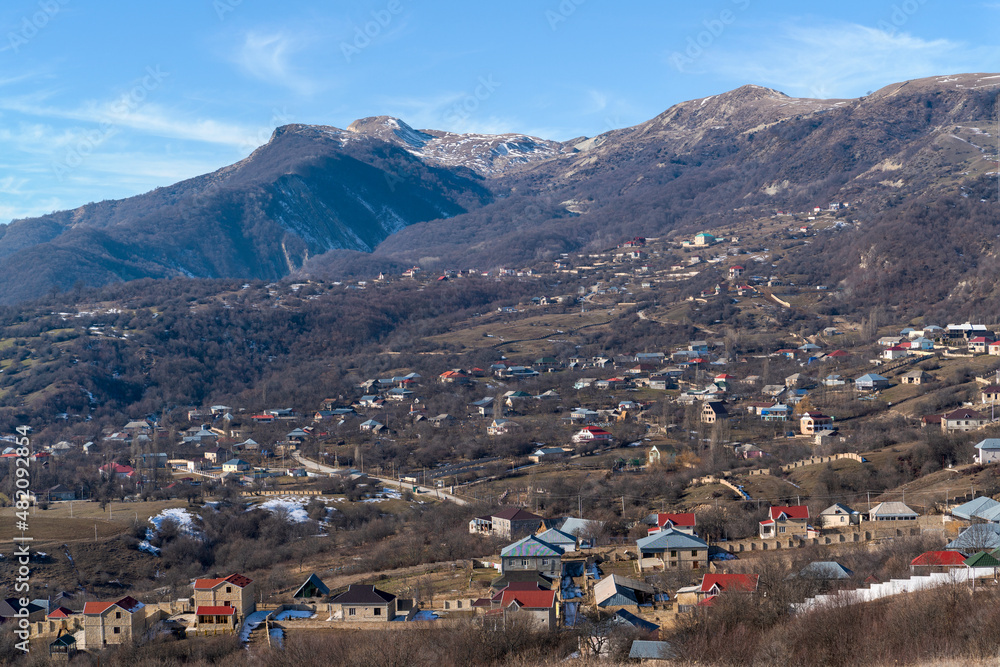Panoramic shamakhi city at the foot of the mountain, Azerbaijan.