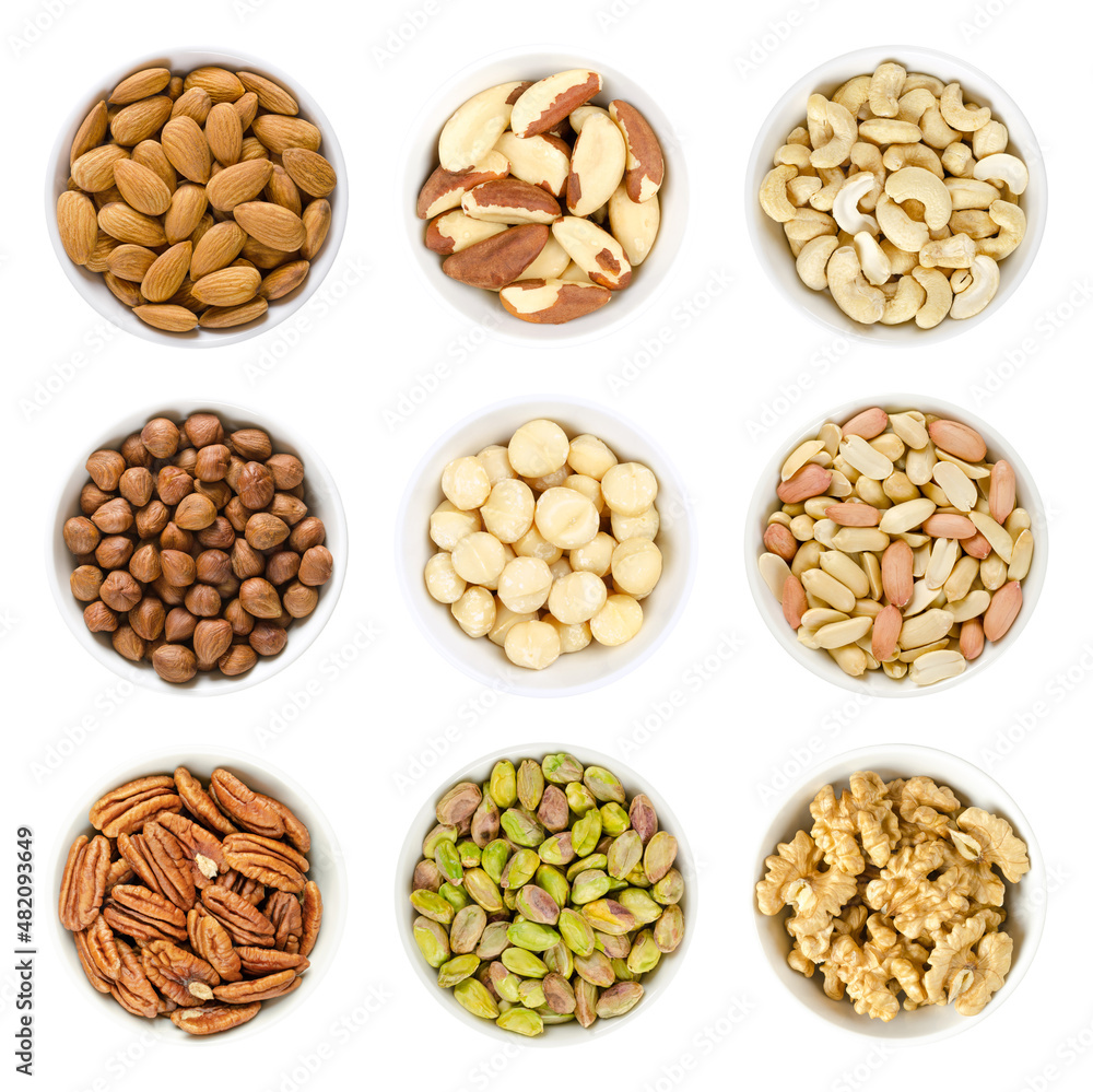 Nine different kinds of nuts in white bowls, isolated on white background. Almond kernels, brazil nuts, cashews, hazelnuts, macadamia nuts, pecans, pistachio kernels, and walnut halves, ready to eat. Nine different kinds of nuts in white bowls, isolated on white background. Almond kernels, brazil nuts, cashews, hazelnuts, macadamia nuts, pecans, pistachio kernels, and walnut halves, ready to eat.