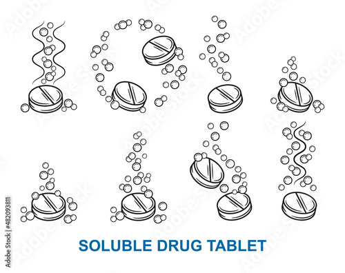 Effervescent soluble drug tablet, fizzy aspirin pill, vitamin C dissolve in water outline icon set. Medicament solution with air bubbles. Dose pain medication, antibiotic for treatment. Line vector photo