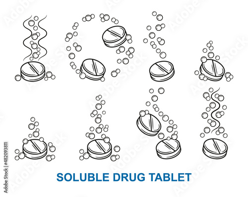 Effervescent soluble drug tablet, fizzy aspirin pill, vitamin C dissolve in water outline icon set. Medicament solution with air bubbles. Dose pain medication, antibiotic for treatment. Line vector
