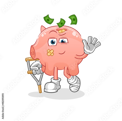 piggy bank sick with limping stick. cartoon mascot vector