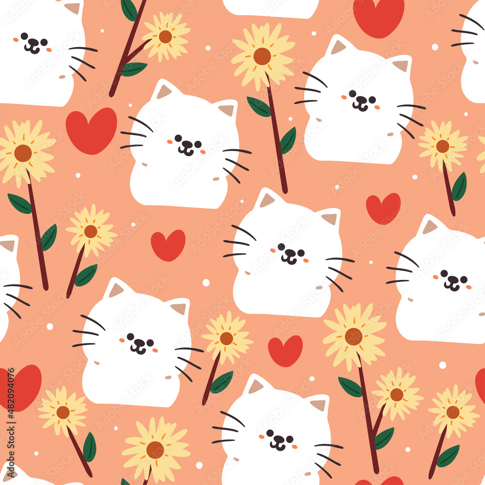 Seamless pattern cute cartoon cat and flowers. for kids wallpaper, fabric pattern, gift wrapping paper