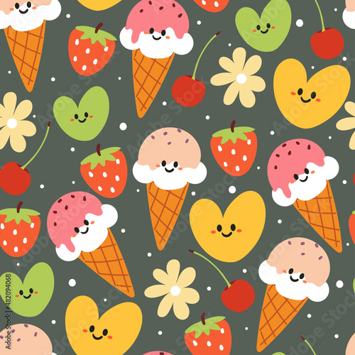 Seamless pattern cute cartoon dessert and fruit. for kids wallpaper, fabric pattern, gift wrapping paper