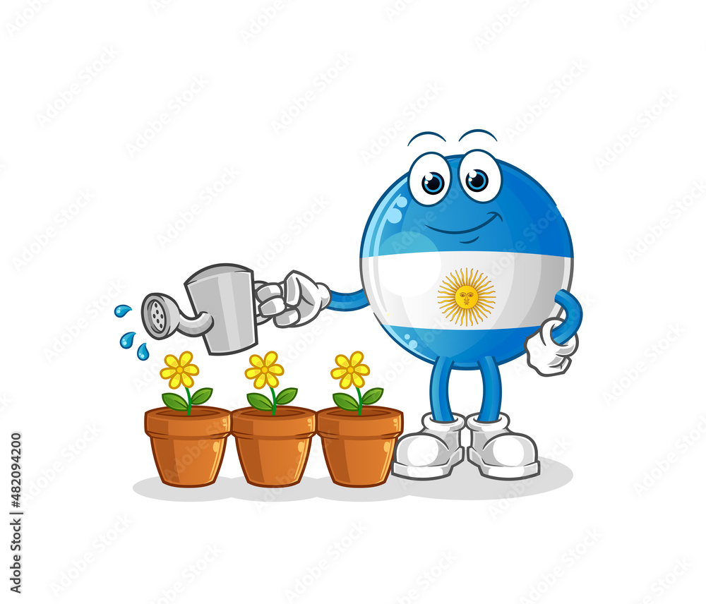 Naklejka premium argentina flag watering the flowers mascot. cartoon vector