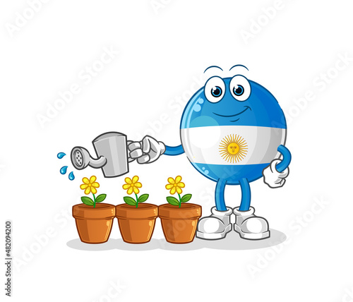 argentina flag watering the flowers mascot. cartoon vector