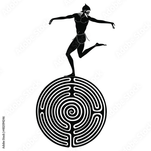 Ancient Greek man dancing on top of a round spiral maze or labyrinth symbol. Theseus. Creative concept. Black and white silhouette.