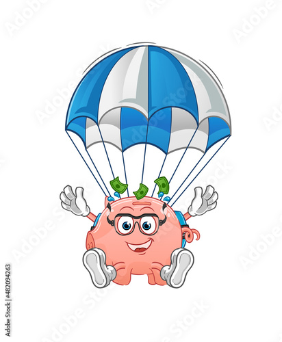 Fototapeta Naklejka Na Ścianę i Meble -  piggy bank skydiving character. cartoon mascot vector