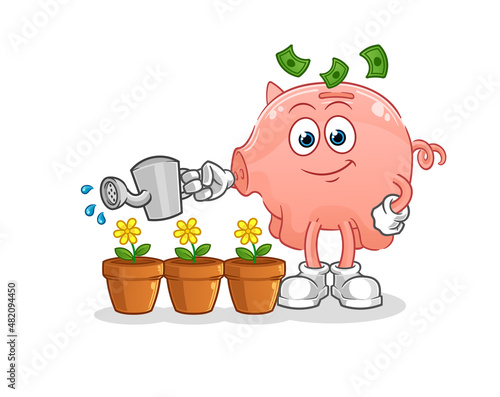 piggy bank watering the flowers mascot. cartoon vector