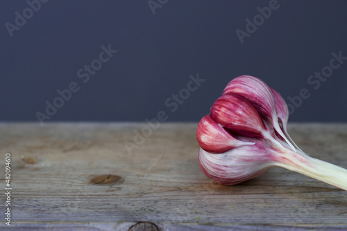 violet young garlic bulb with cloves on a wooden board