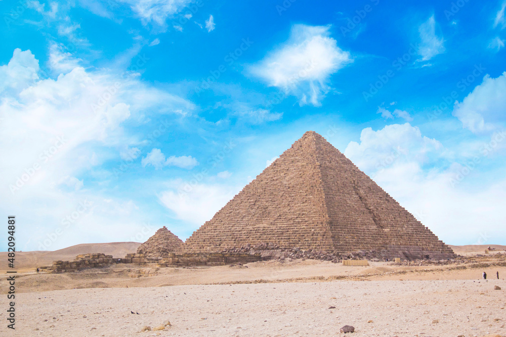Great Sphinx against the background of the pyramids of the pharaohs Cheops, Khafren, and Mikerin in Giza, Egypt Great Sphinx against the background of the pyramids of the pharaohs Cheops, Khafren, and Mikerin in Giza, Egypt