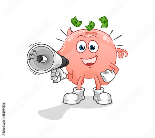 piggy bank holding hand loudspeakers vector. cartoon character