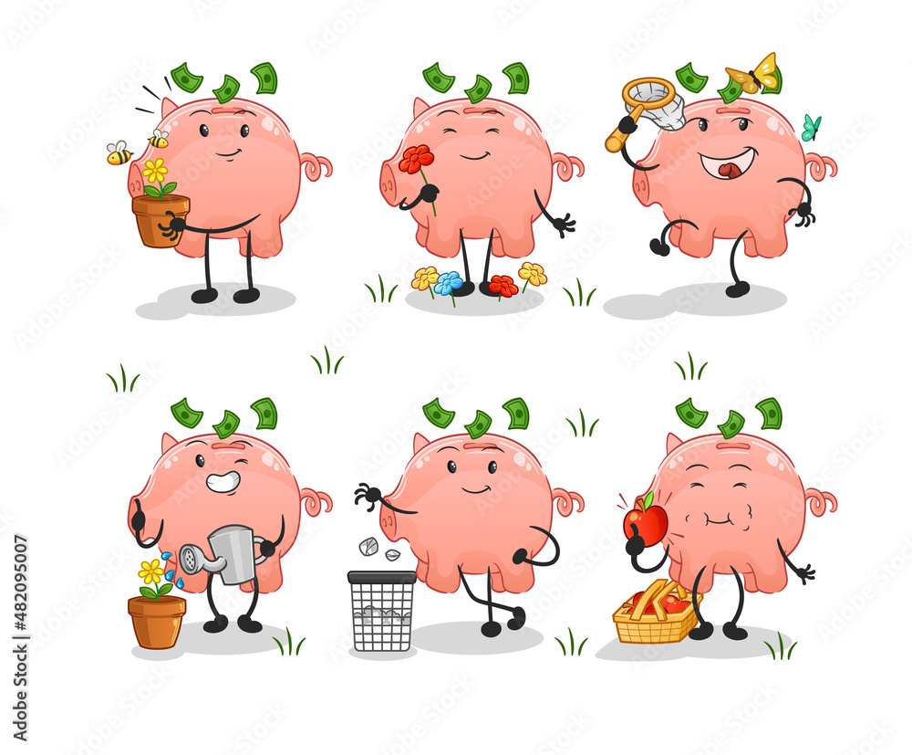 piggy bank save the earth group. cartoon mascot piggy bank save the earth group. cartoon mascot