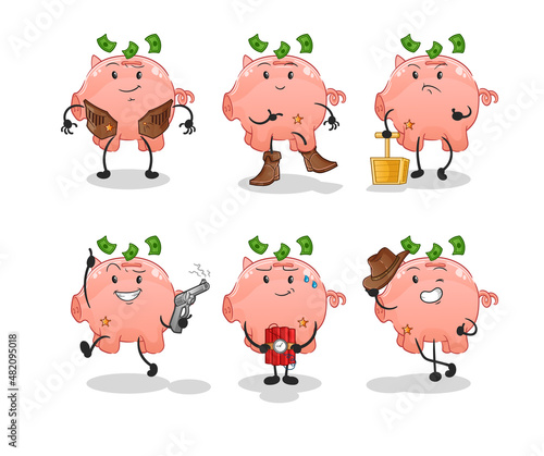 piggy bank cowboy group character. cartoon mascot vector