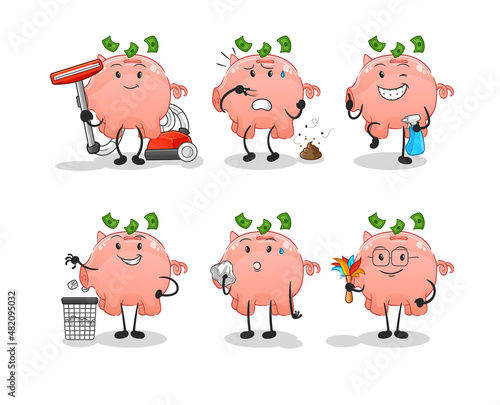 piggy bank cleaning group character. cartoon mascot vector