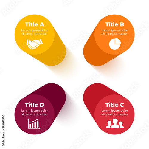 3D Vector Perspective Infographic. Presentation slide template. 4 step options pillar chart. Circle cylinder diagram concept.