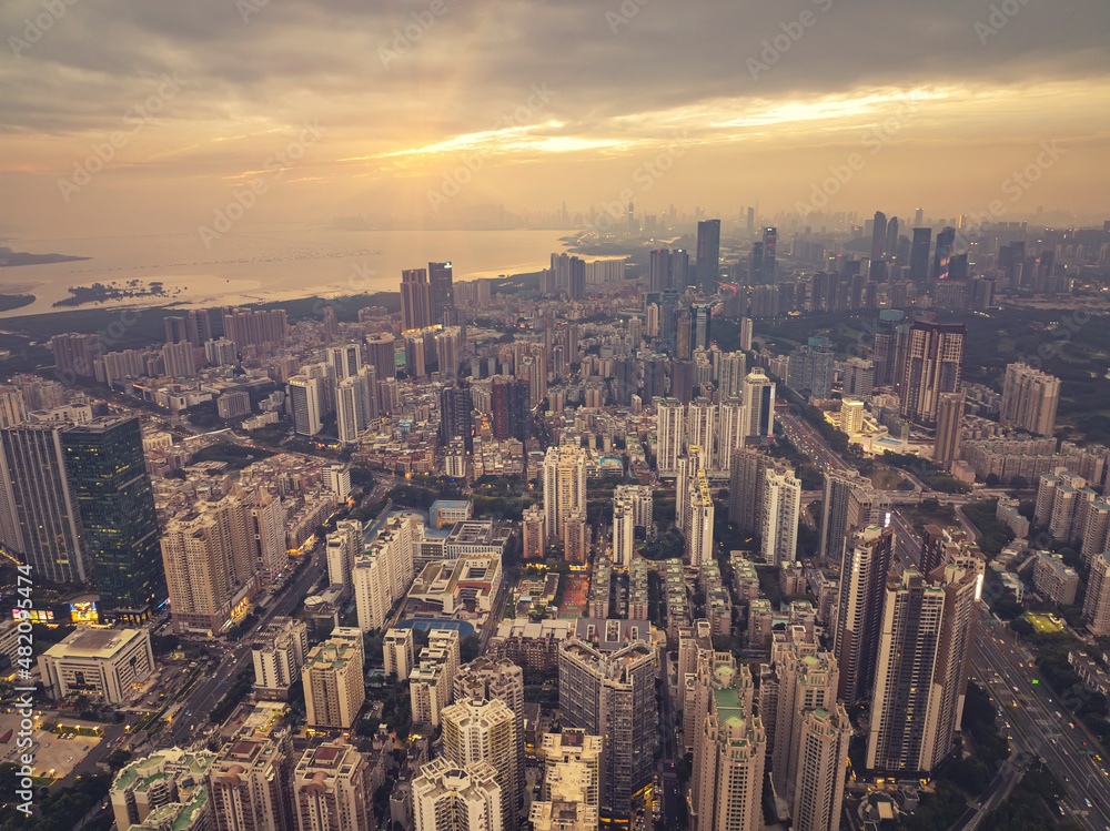 Aerial view of Skyline in Shenzhen city CBD sunset in China