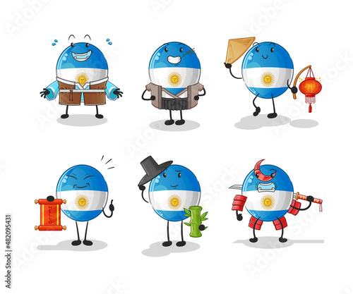 argentina flag asian culture set . cartoon mascot vector