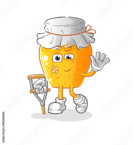 honey jar sick with limping stick. cartoon mascot vector