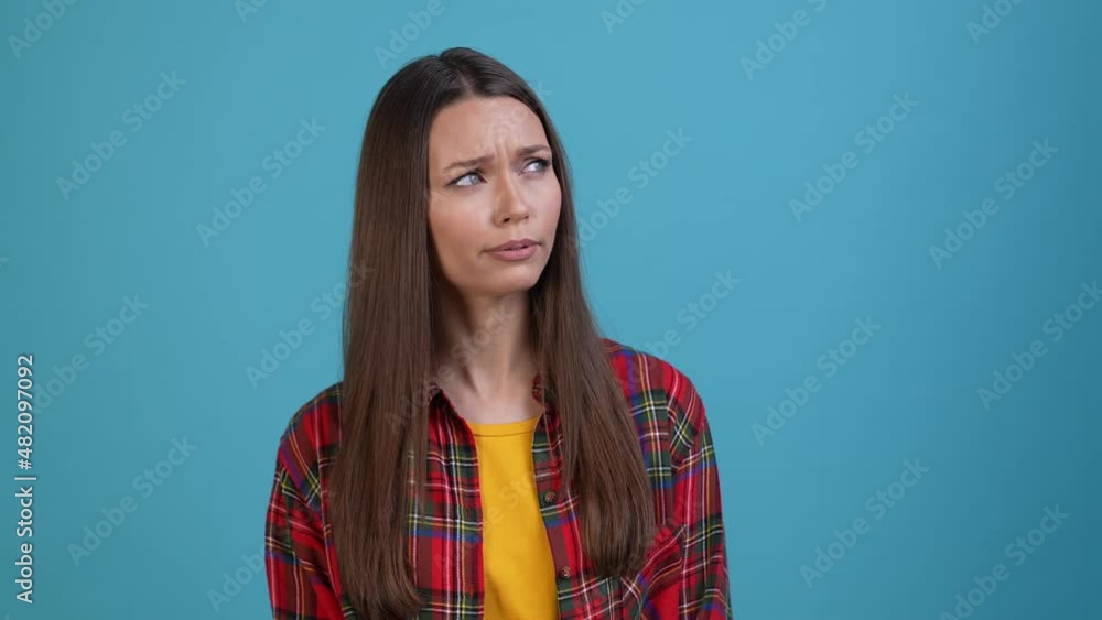 Lady forget mind wonder great conclusion isolated blue color background Lady forget mind wonder great conclusion isolated blue color background