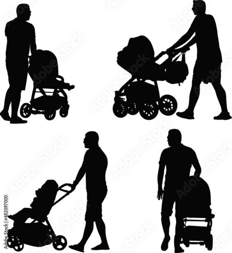 male with baby stroller, set of silhouettes