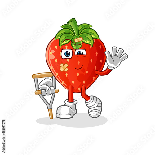 strawberry sick with limping stick. cartoon mascot vector