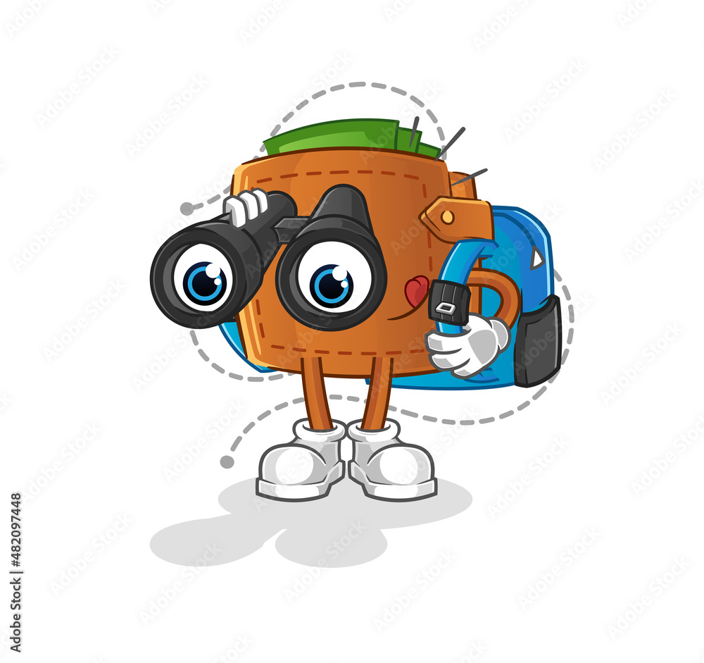 wallet with binoculars character. cartoon mascot vector wallet with binoculars character. cartoon mascot vector