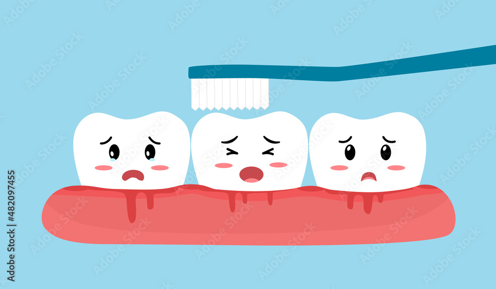 Brushing teeth with bleeding on gum cartoon vector illustration