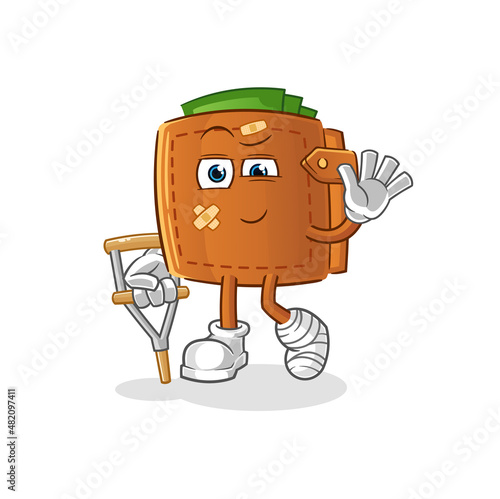 wallet sick with limping stick. cartoon mascot vector