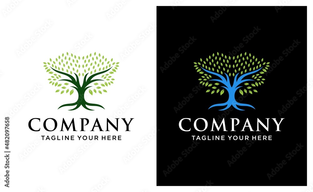 Abstract living tree logo design, root vector - Isolated tree of life logo design inspiration. on a black and white background.