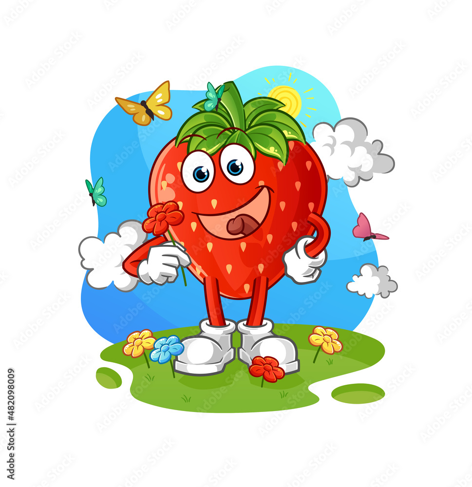 Fototapeta premium strawberry pick flowers in spring. character vector