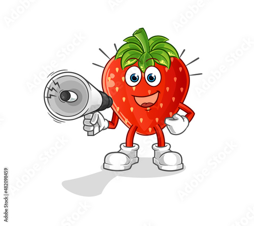 strawberry holding hand loudspeakers vector. cartoon character
