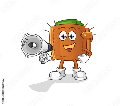 wallet holding hand loudspeakers vector. cartoon character