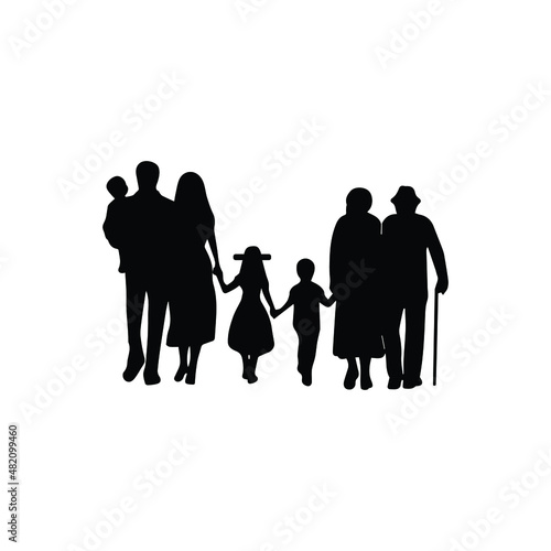 Family silhouettes grandparents father mother and three children from back. Illustration graphics icon vector
