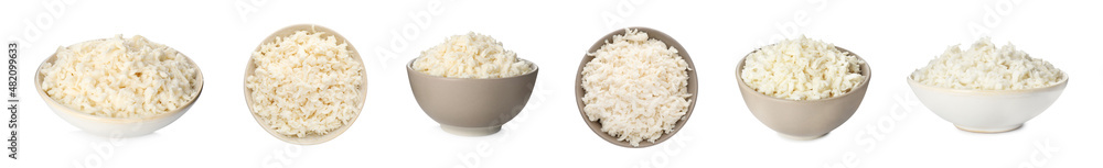 Set with delicious mozzarella cheese on white background. Banner design Set with delicious mozzarella cheese on white background. Banner design