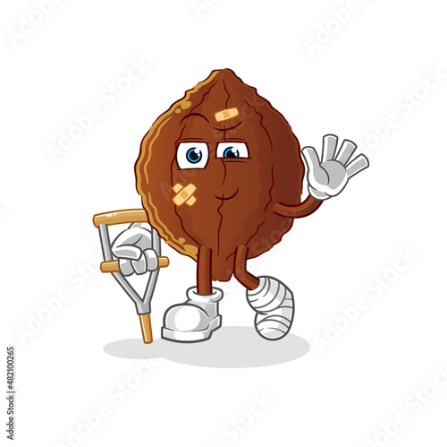 cacao sick with limping stick. cartoon mascot vector