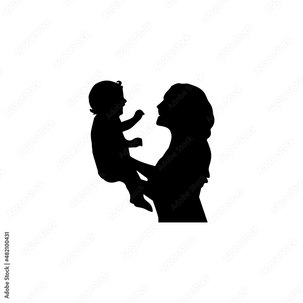 Silhouette happy mother holding newborn baby closeup. Illustration graphics icon vector
