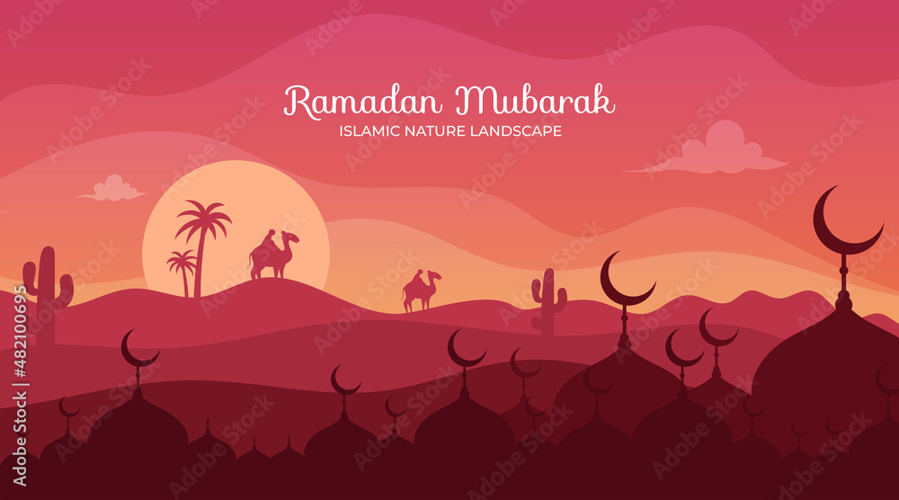 Eid al-fitr mosque with flat desert landscape Eid al-fitr mosque with flat desert landscape