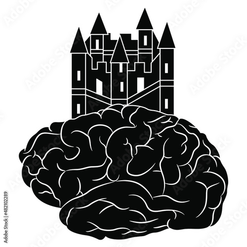 Medieval castle built on human brain of mind. Black and white silhouette. Creative concept.